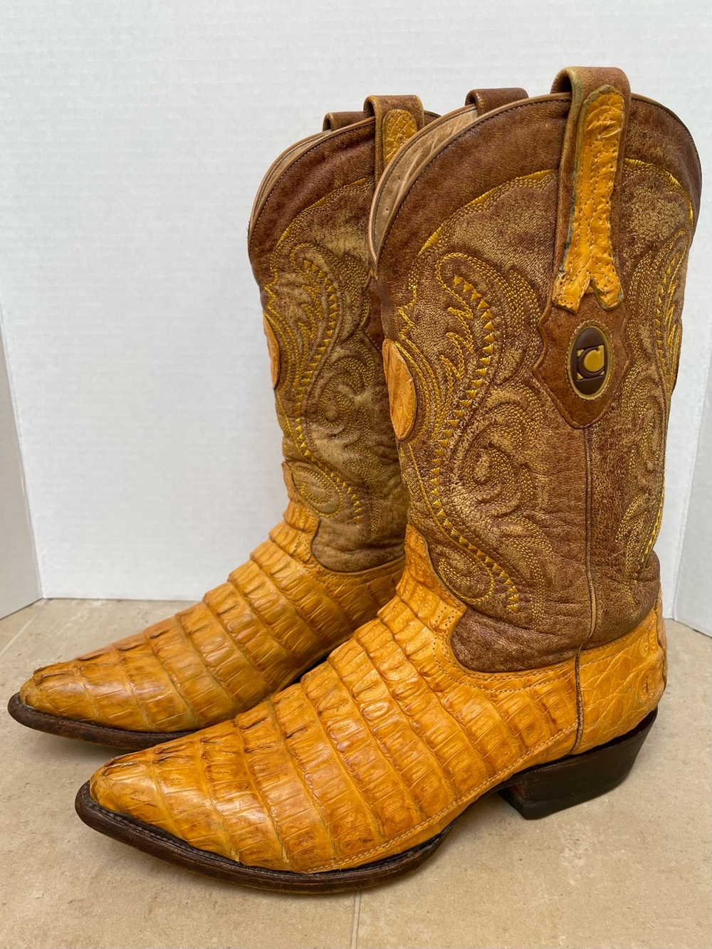 VTG Cuadra Caiman Leather Western Cowboy Boots Honey Hornback J Snip Toe Mens 9 - Picture 4 of 16